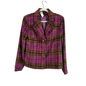 Vintage Tweed Plaid Blazer Pink M Fringe 90s Retro Boho Indie Folk Preppy Chic